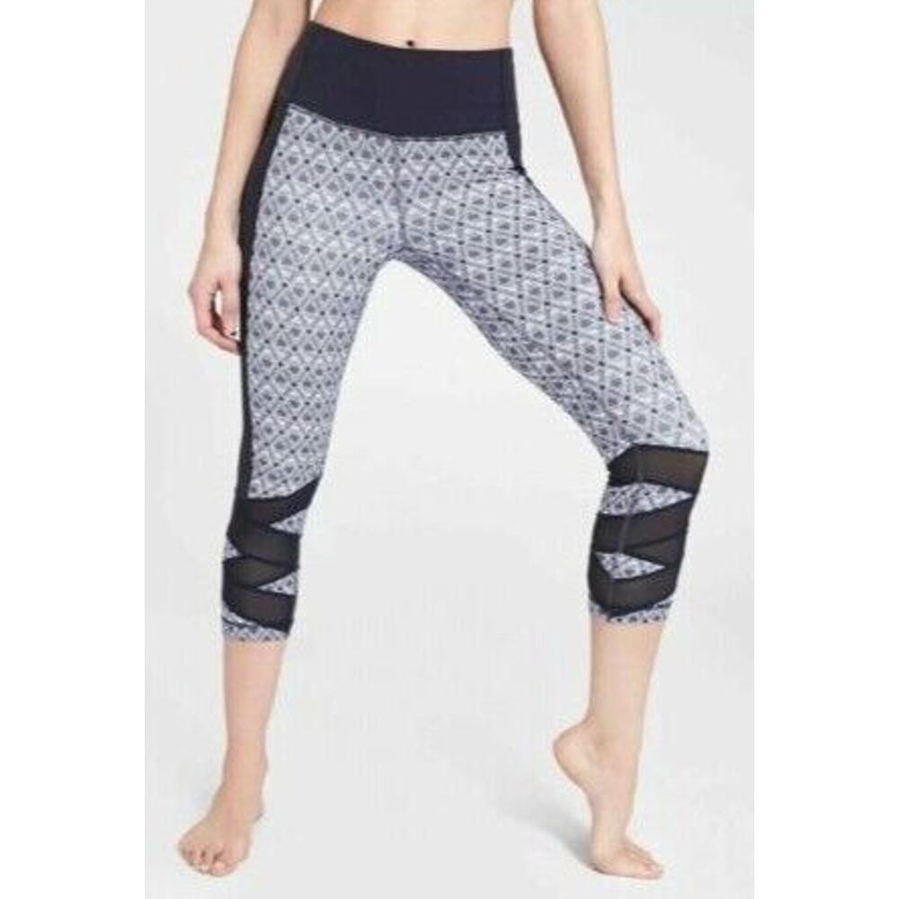 Athleta Leggings Womens S Blue Mosaic Mantra Mesh Capri Activewear Stretch Yoga
